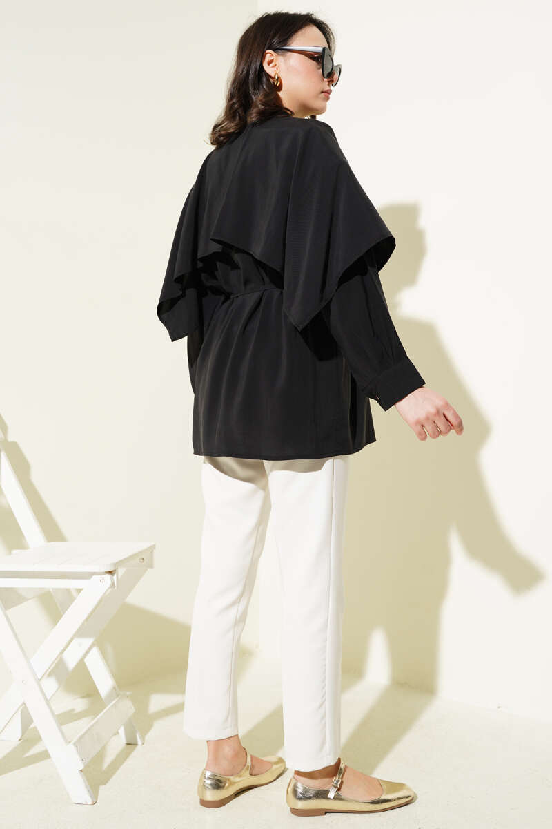 Tencel Shirt with Shoulder Cape and Tie Belt - Black