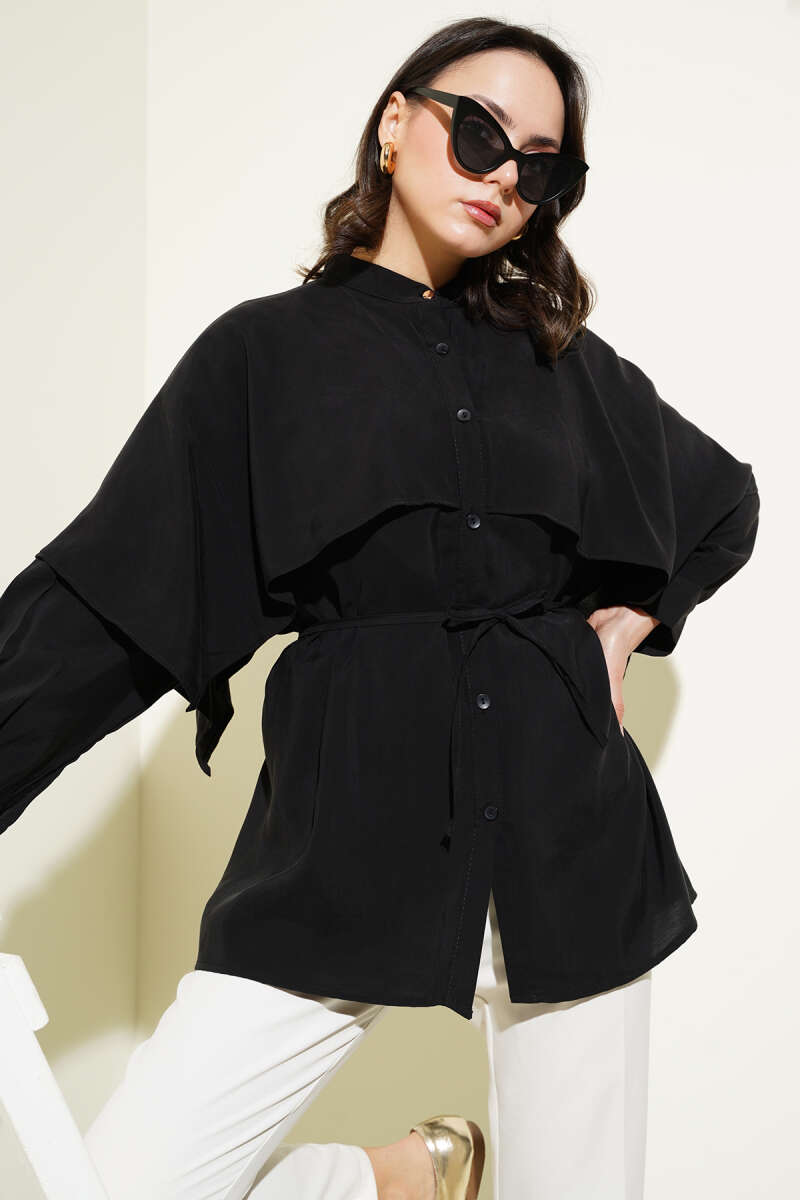 Tencel Shirt with Shoulder Cape and Tie Belt - Black