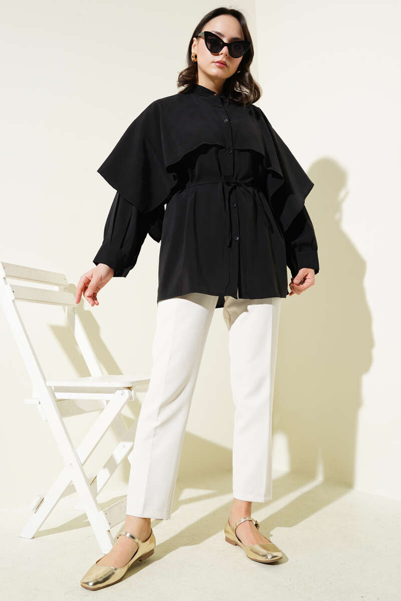Tencel Shirt with Shoulder Cape and Tie Belt - Black