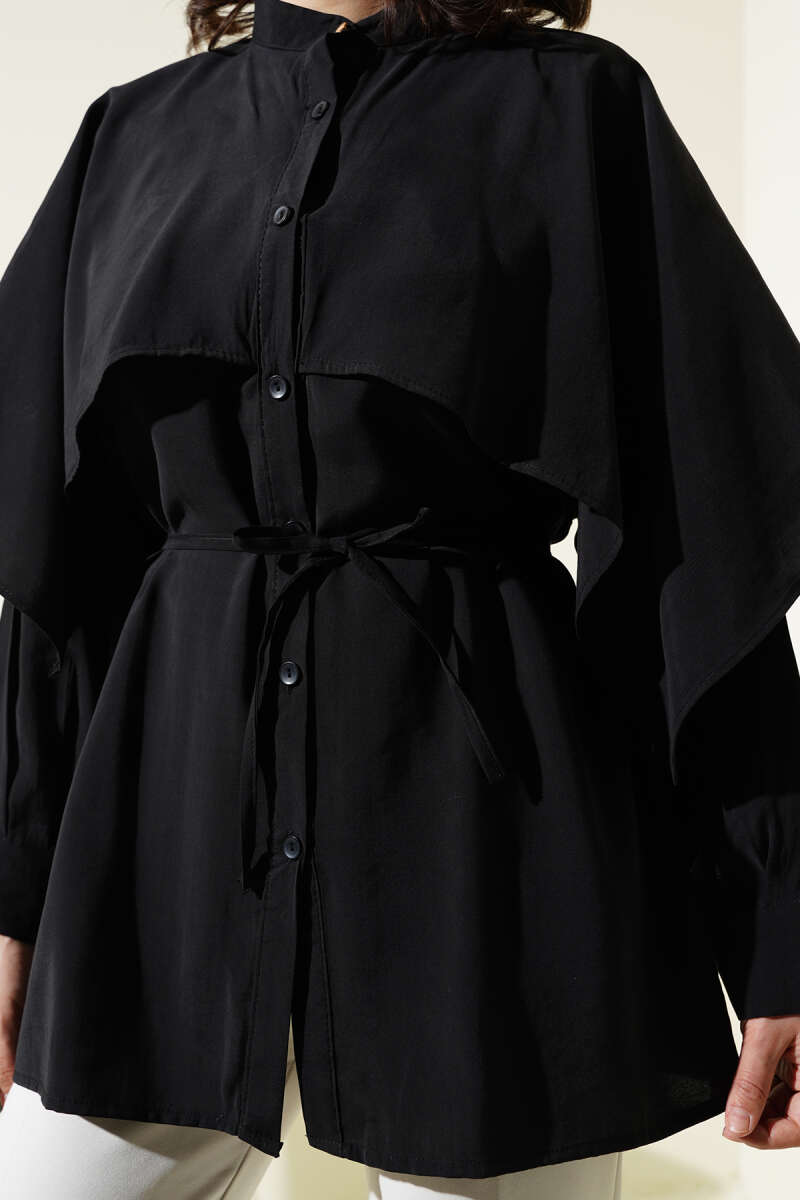 Tencel Shirt with Shoulder Cape and Tie Belt - Black