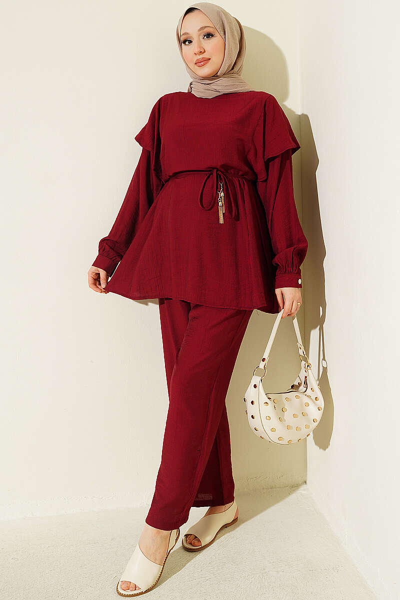 Two-Piece Set with Shoulder Ruffles and Cord Belt - Burgundy