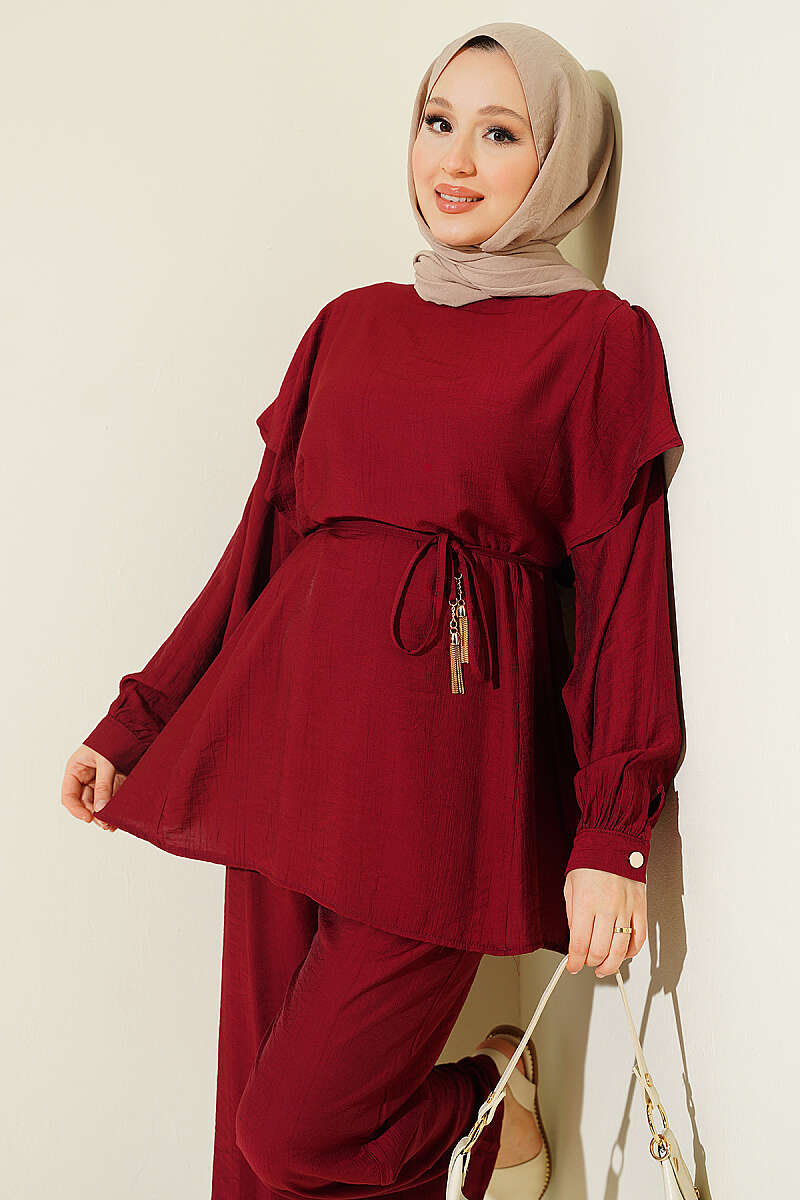 Two-Piece Set with Shoulder Ruffles and Cord Belt - Burgundy