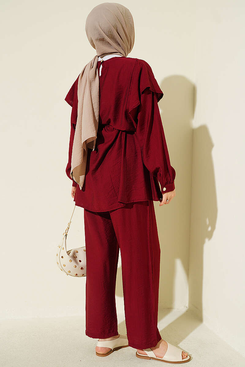 Two-Piece Set with Shoulder Ruffles and Cord Belt - Burgundy