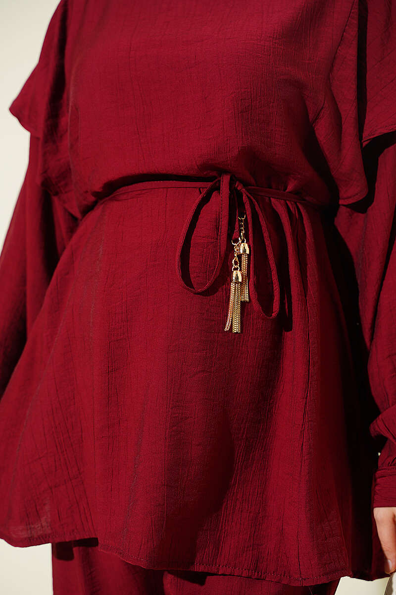 Two-Piece Set with Shoulder Ruffles and Cord Belt - Burgundy