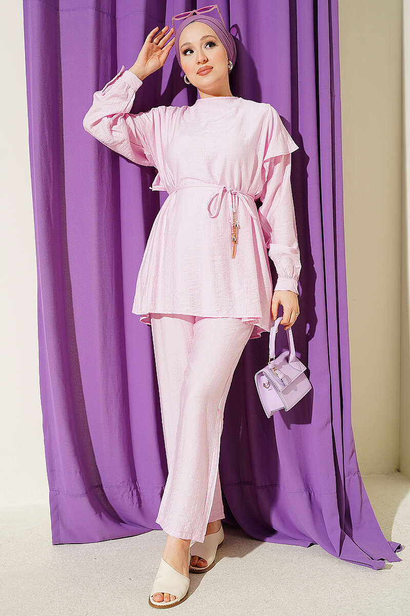 Two-Piece Set with Shoulder Ruffles and Cord Belt - Pink