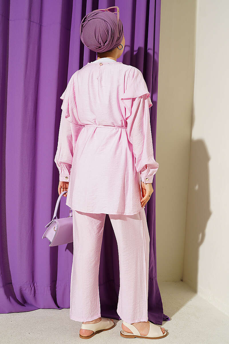 Two-Piece Set with Shoulder Ruffles and Cord Belt - Pink