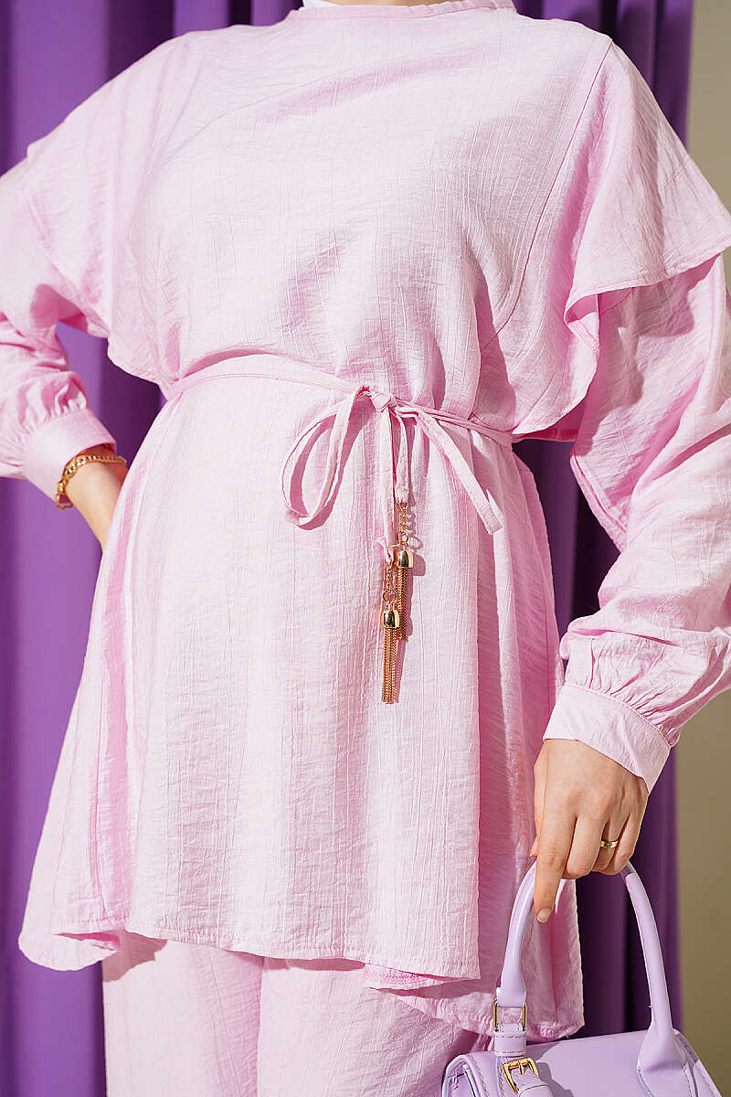 Two-Piece Set with Shoulder Ruffles and Cord Belt - Pink