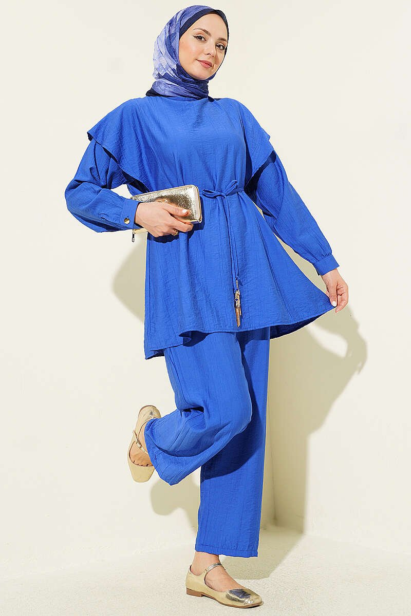 Two-Piece Set with Shoulder Ruffles and Cord Belt - Saxe Blue