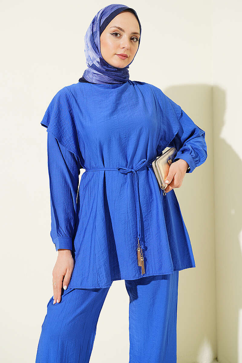 Two-Piece Set with Shoulder Ruffles and Cord Belt - Saxe Blue