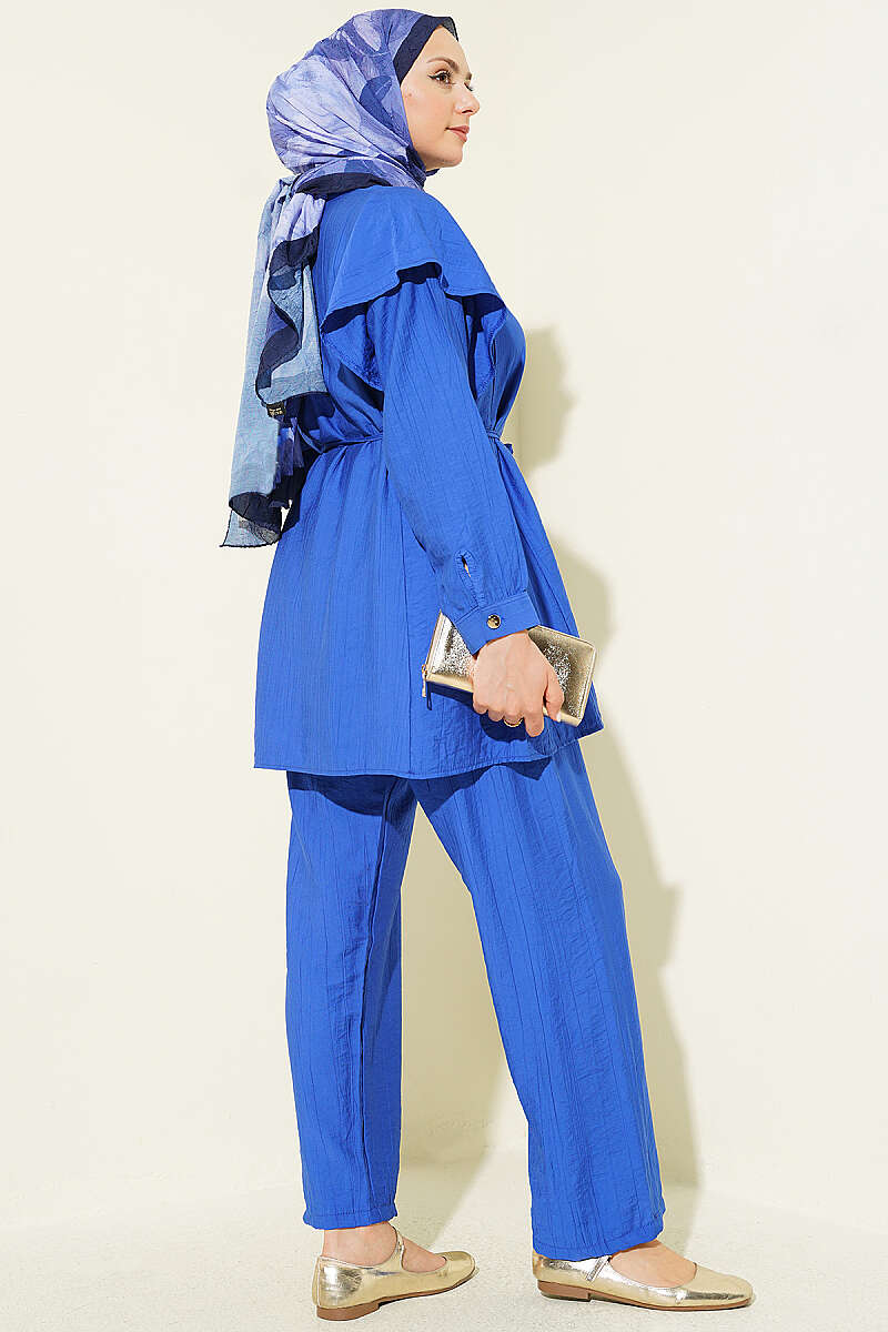 Two-Piece Set with Shoulder Ruffles and Cord Belt - Saxe Blue