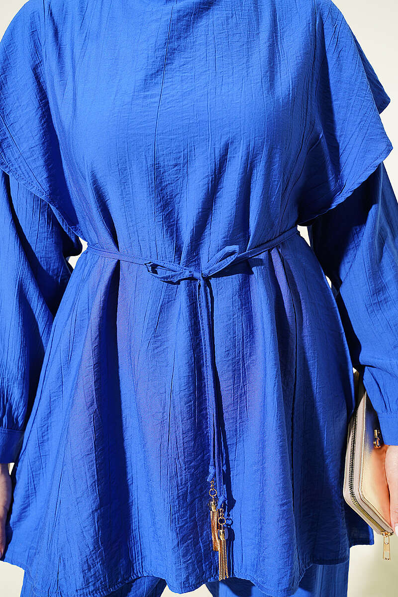Two-Piece Set with Shoulder Ruffles and Cord Belt - Saxe Blue