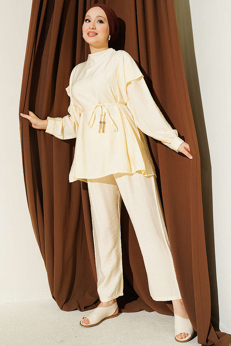 Two-Piece Set with Shoulder Ruffles and Cord Belt - Yellow