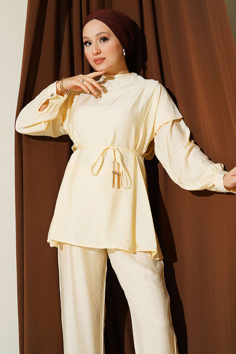 Two-Piece Set with Shoulder Ruffles and Cord Belt - Yellow