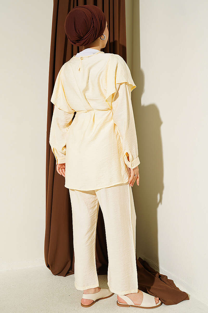Two-Piece Set with Shoulder Ruffles and Cord Belt - Yellow