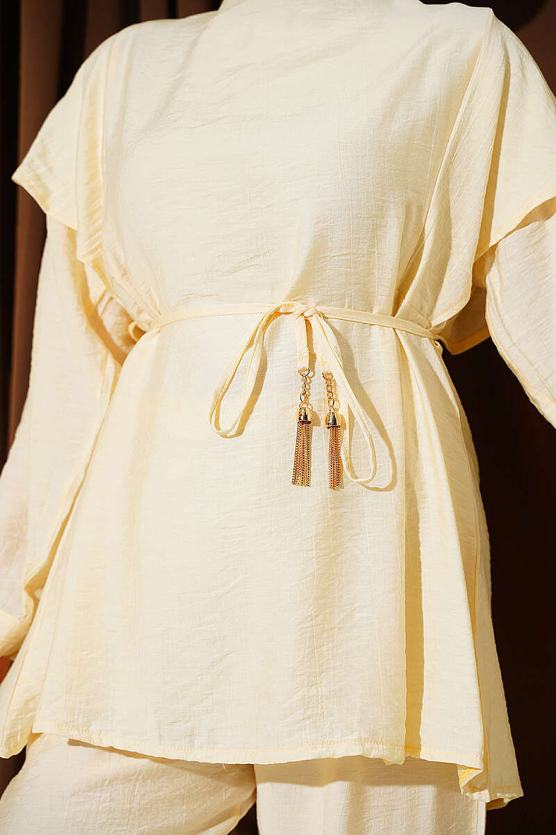 Two-Piece Set with Shoulder Ruffles and Cord Belt - Yellow