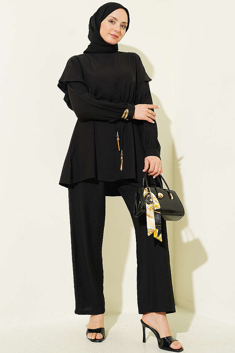 Two-Piece Set with Shoulder Ruffles and Cord Belt - Black