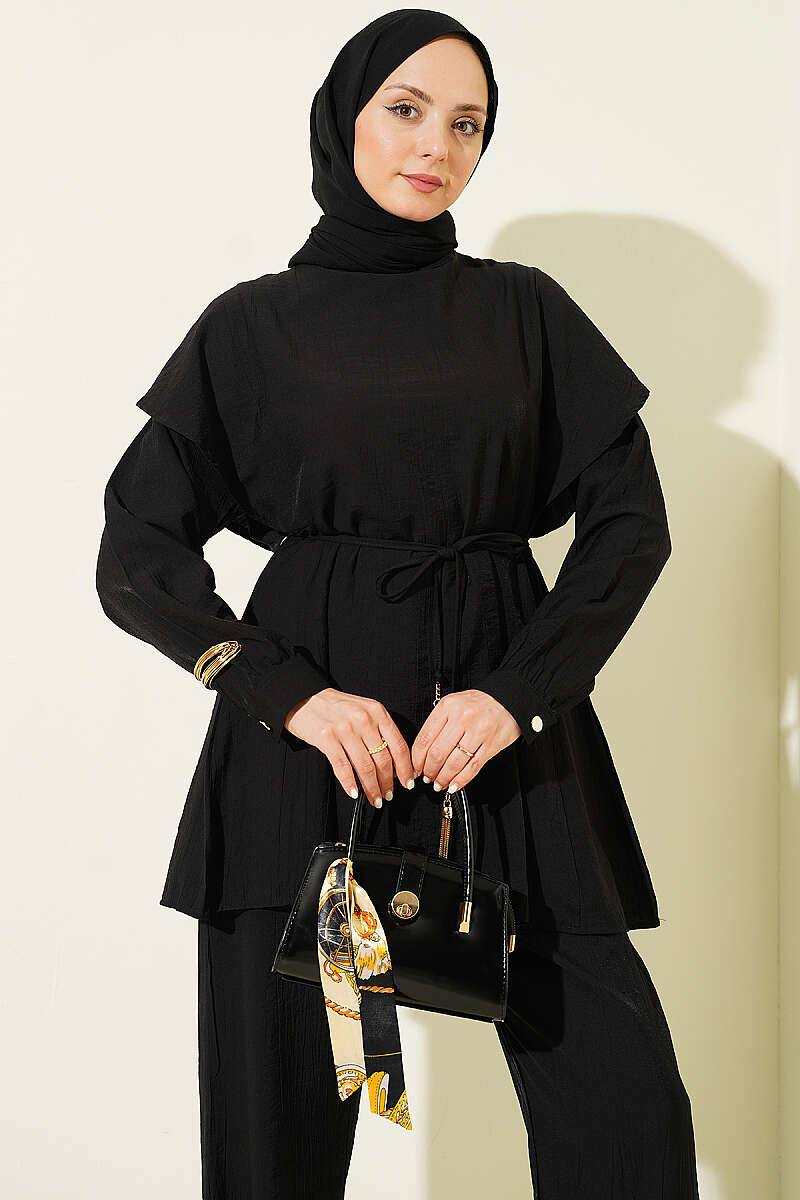 Two-Piece Set with Shoulder Ruffles and Cord Belt - Black