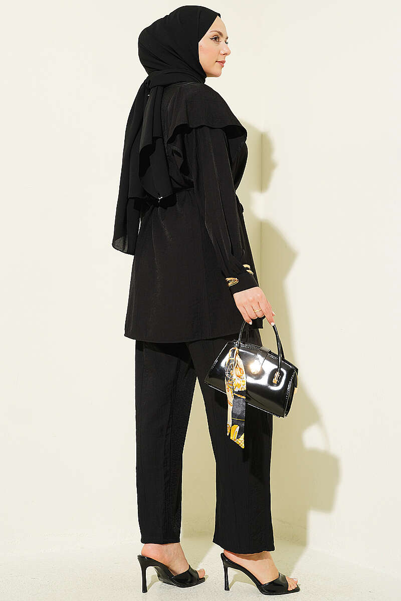 Two-Piece Set with Shoulder Ruffles and Cord Belt - Black