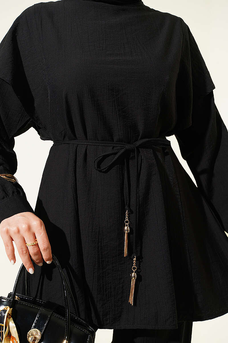 Two-Piece Set with Shoulder Ruffles and Cord Belt - Black