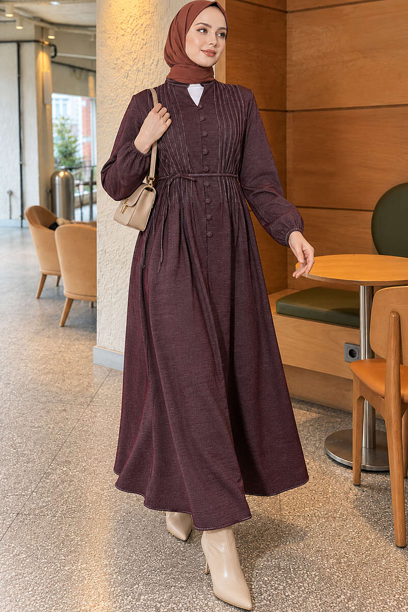 Pleated-Front Denim Dress with Cord Belt - Plum