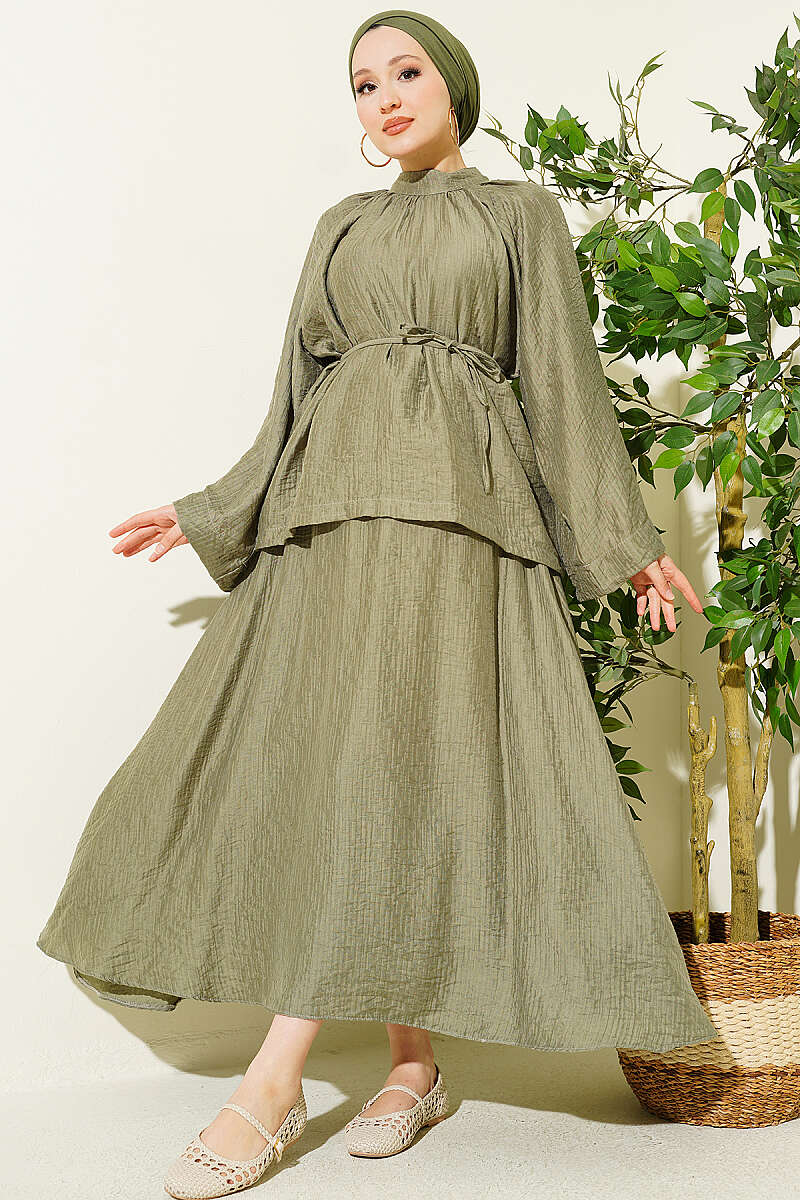 Loose Two-Piece Skirt Set with Cord Belt - Khaki