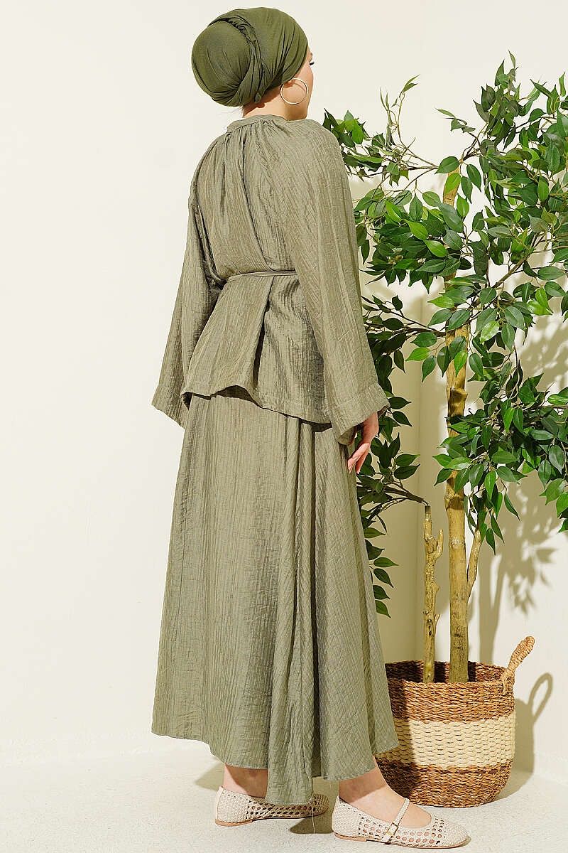 Loose Two-Piece Skirt Set with Cord Belt - Khaki
