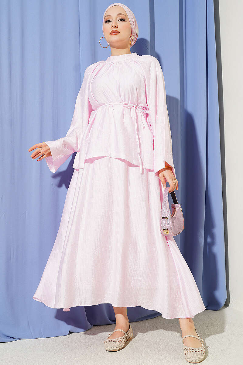 Loose Two-Piece Skirt Set with Cord Belt - Pink