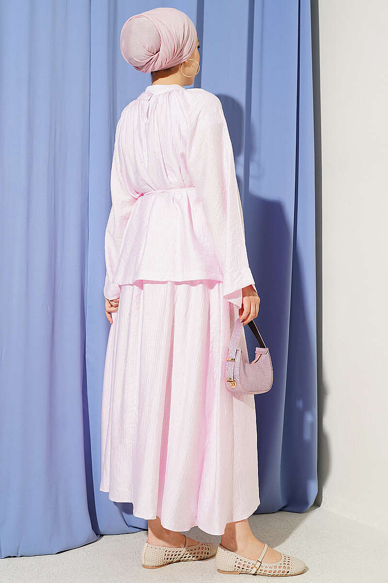 Loose Two-Piece Skirt Set with Cord Belt - Pink