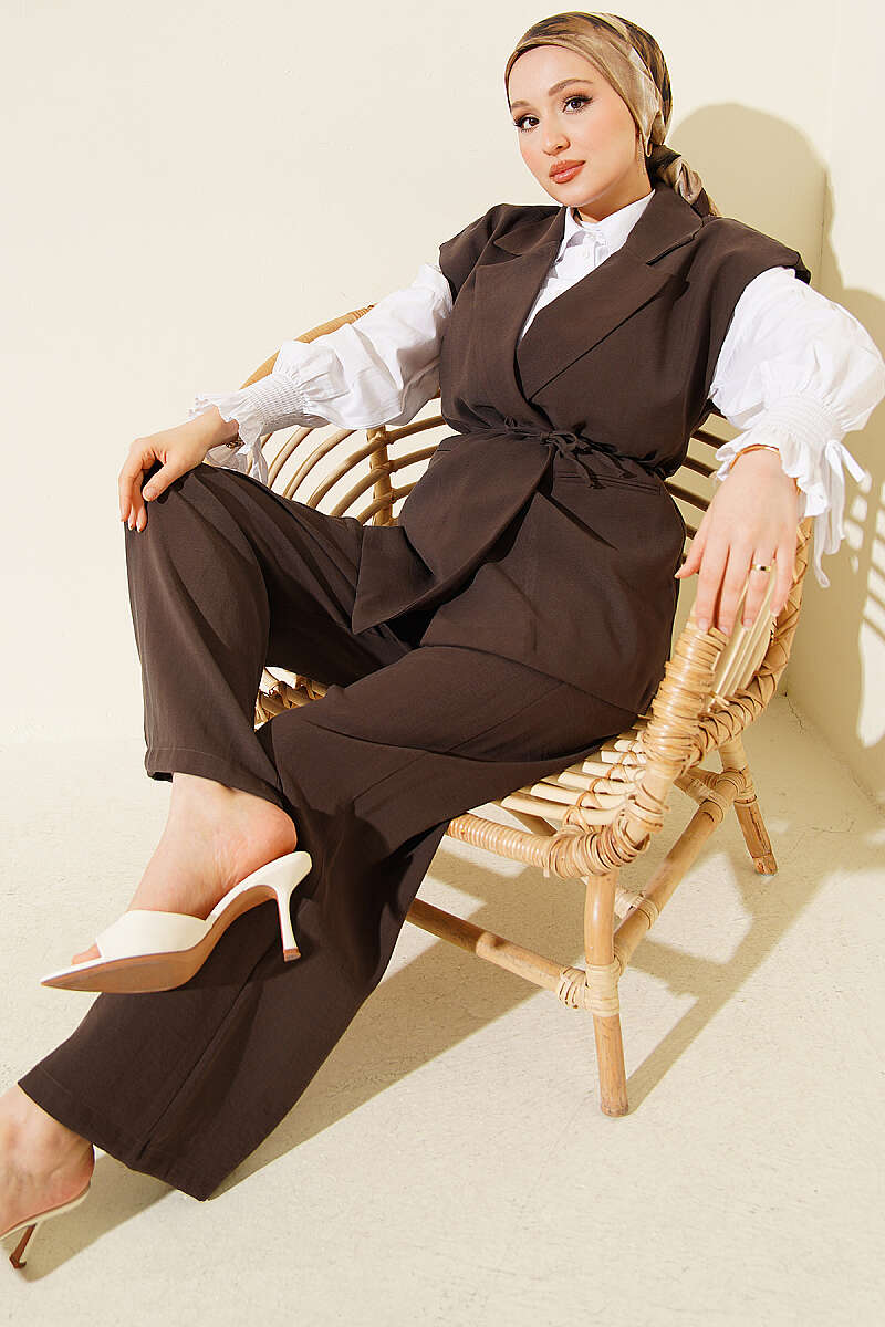 Tencel Vest Two-Piece Set with Tie Belt - Dark Brown