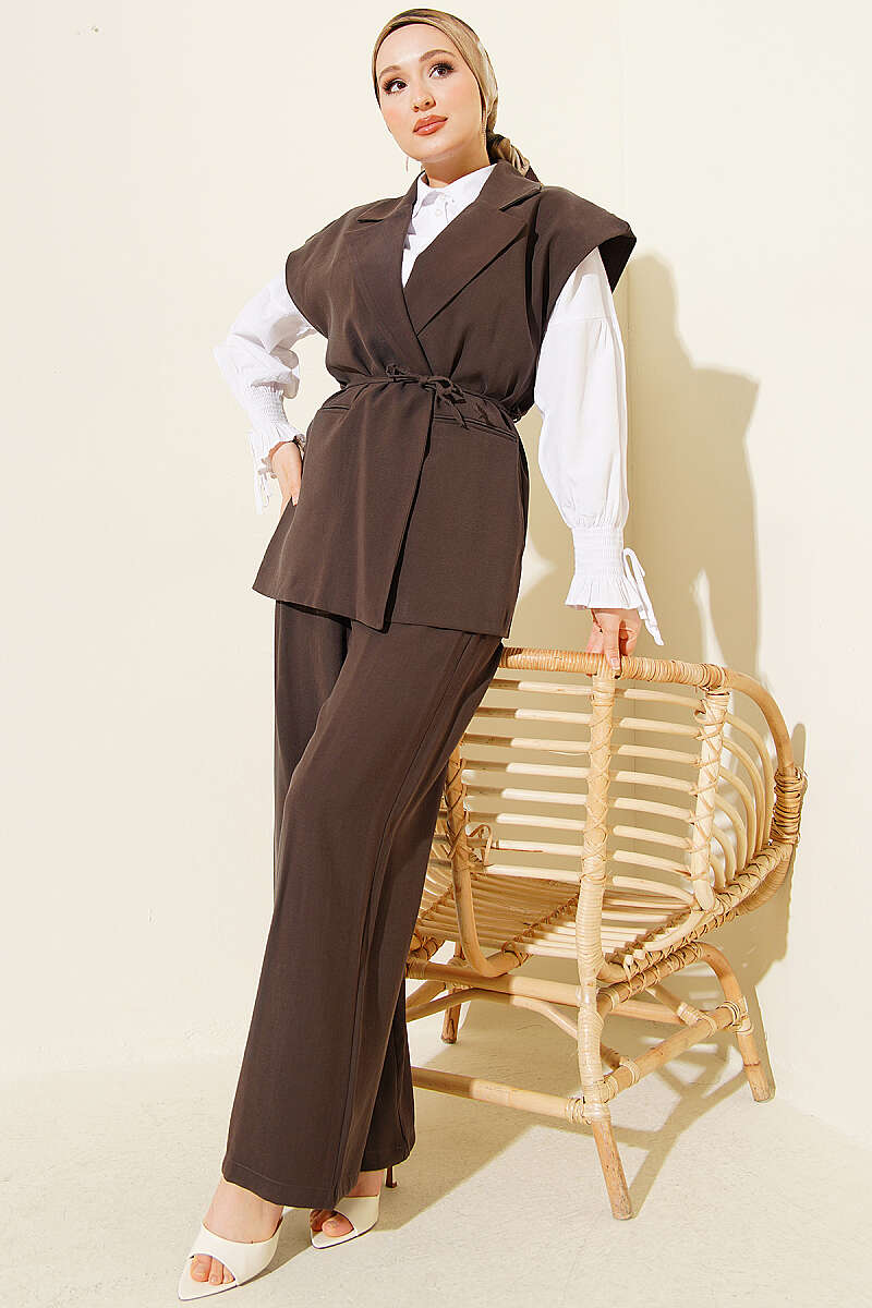 Tencel Vest Two-Piece Set with Tie Belt - Dark Brown