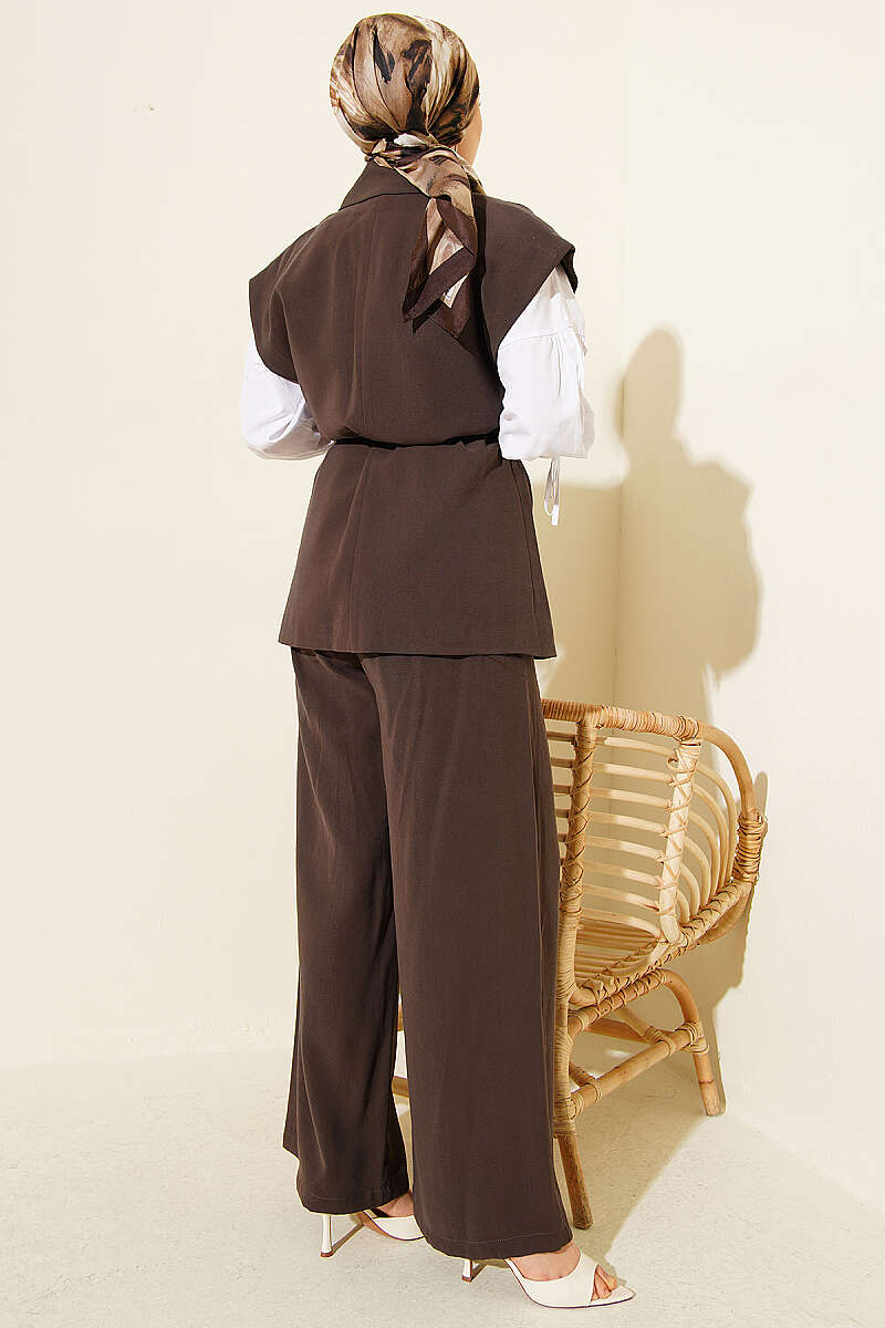 Tencel Vest Two-Piece Set with Tie Belt - Dark Brown