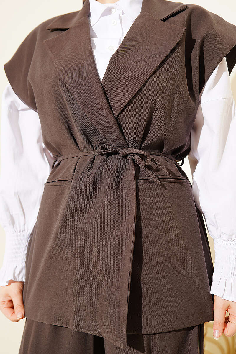 Tencel Vest Two-Piece Set with Tie Belt - Dark Brown