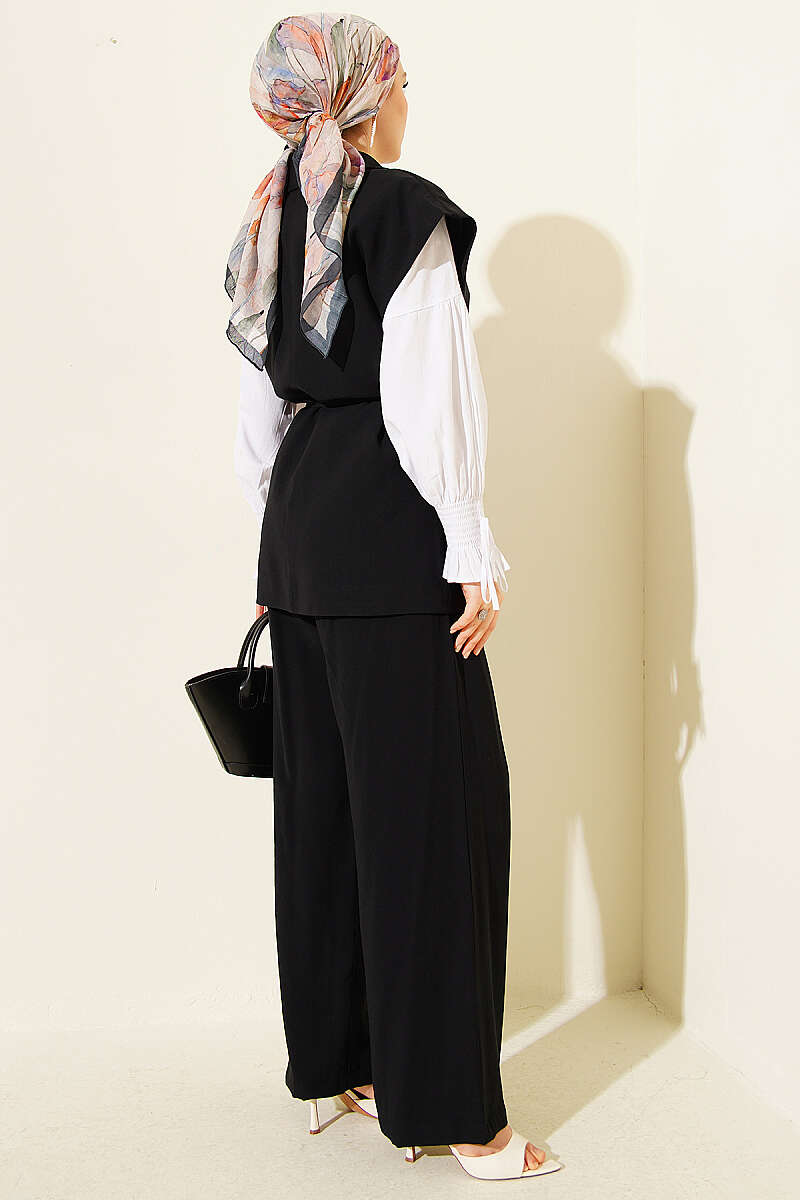 Tencel Vest Two-Piece Set with Tie Belt - Black