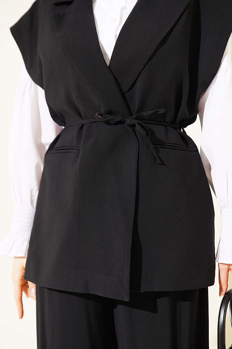 Tencel Vest Two-Piece Set with Tie Belt - Black