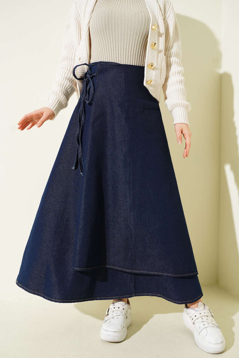 Side-Tie Cord Denim Skirt - Navy