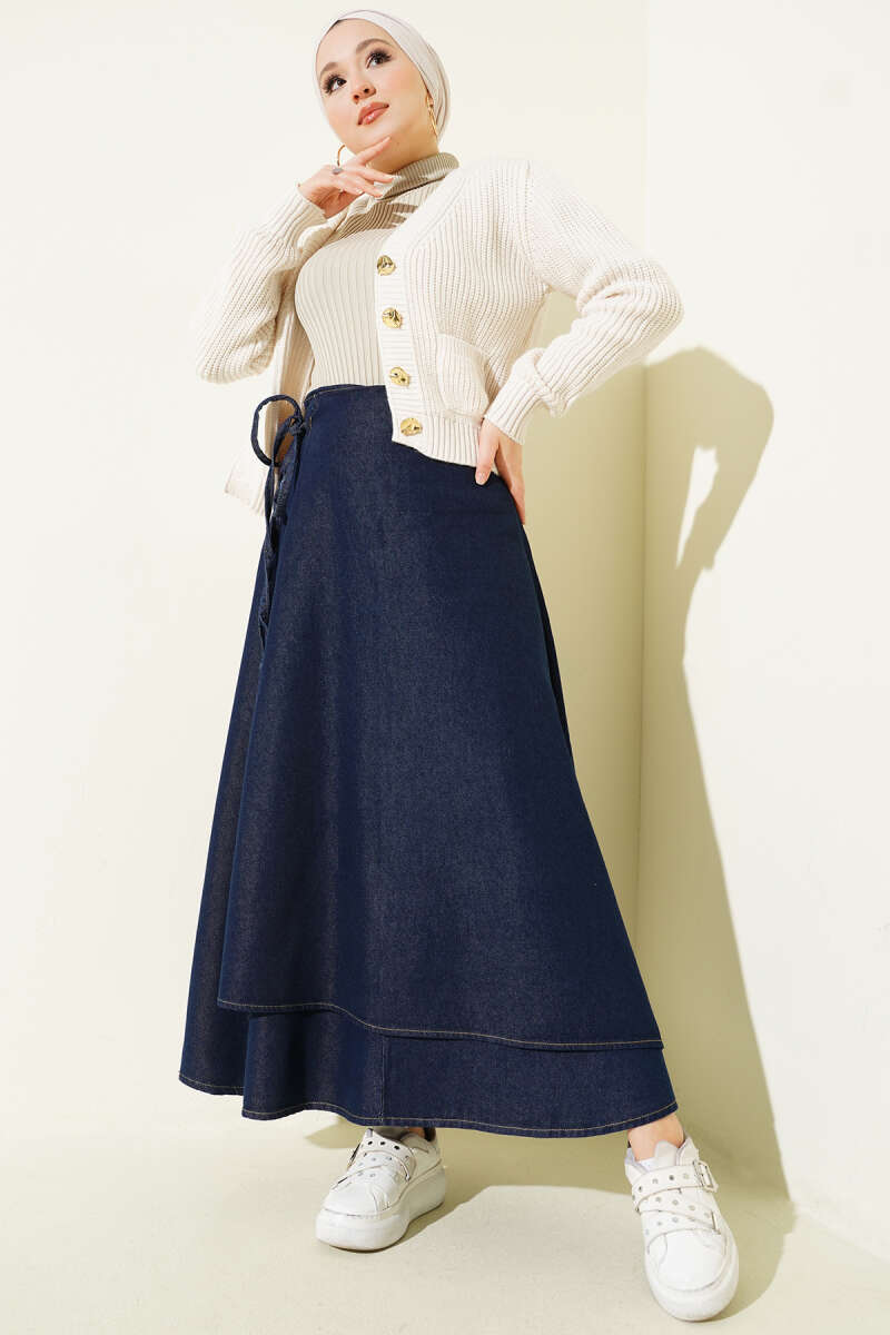 Side-Tie Cord Denim Skirt - Navy