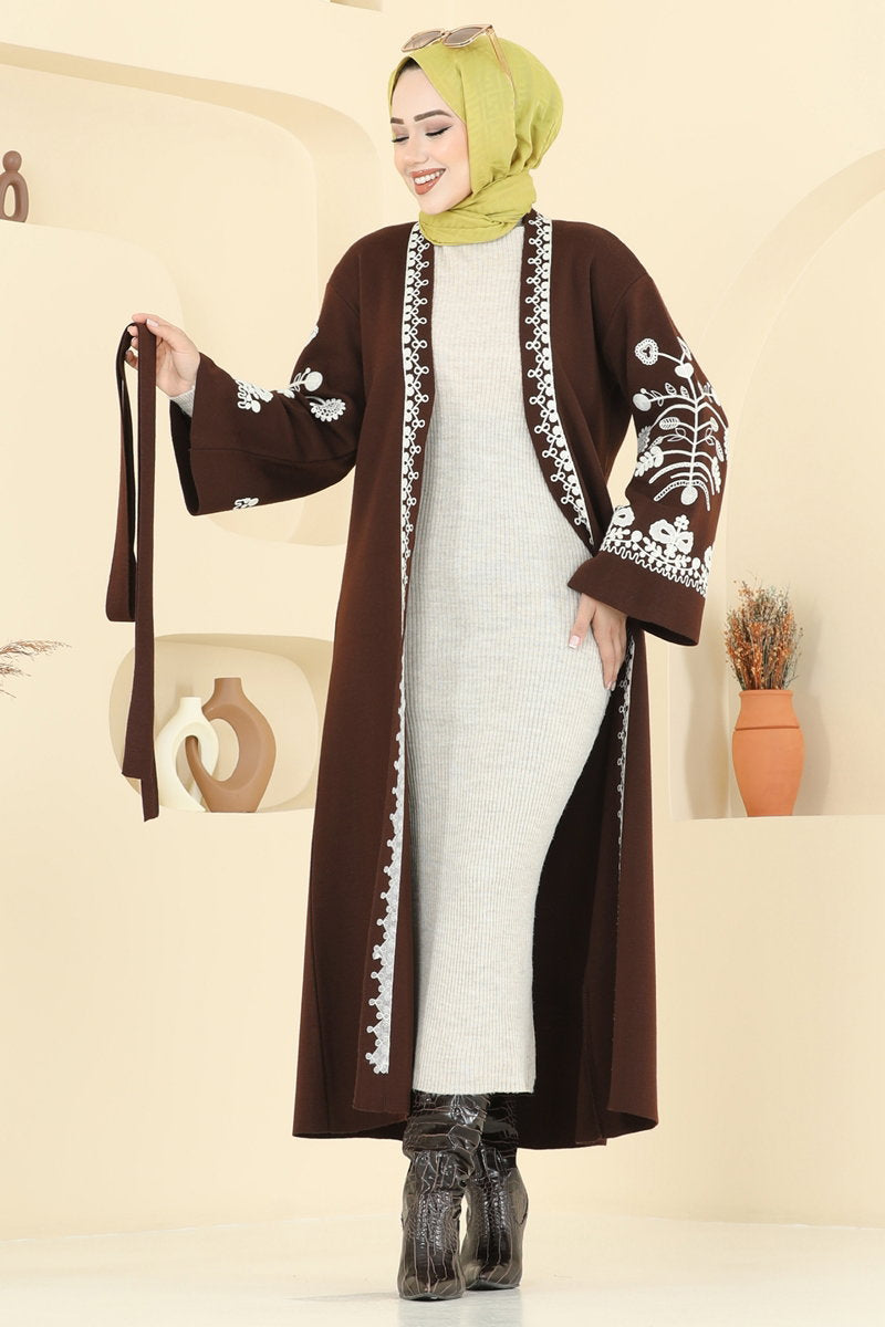 Embroidered Knit Cardigan - Brown
