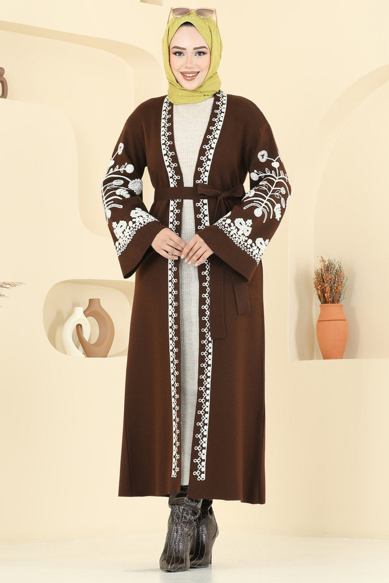 Embroidered Knit Cardigan - Brown