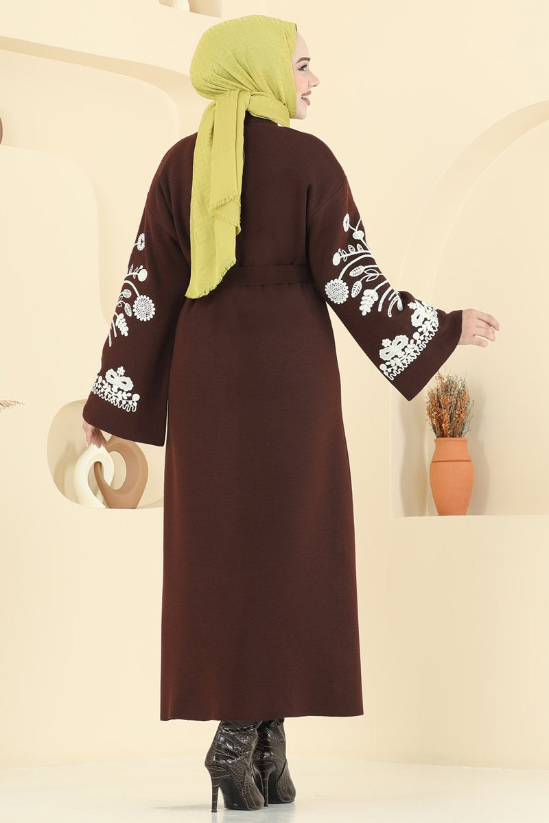 Embroidered Knit Cardigan - Brown
