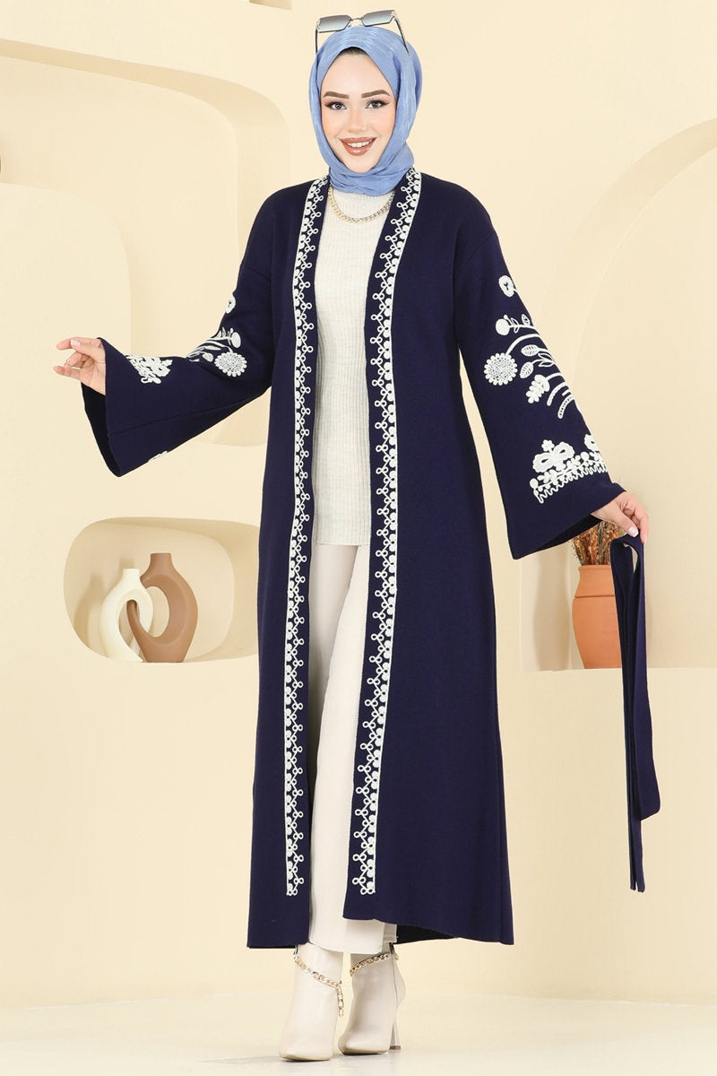 Embroidered Knit Cardigan - Navy