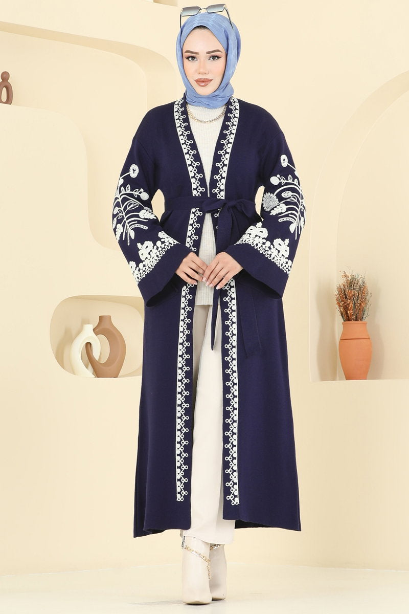 Embroidered Knit Cardigan - Navy