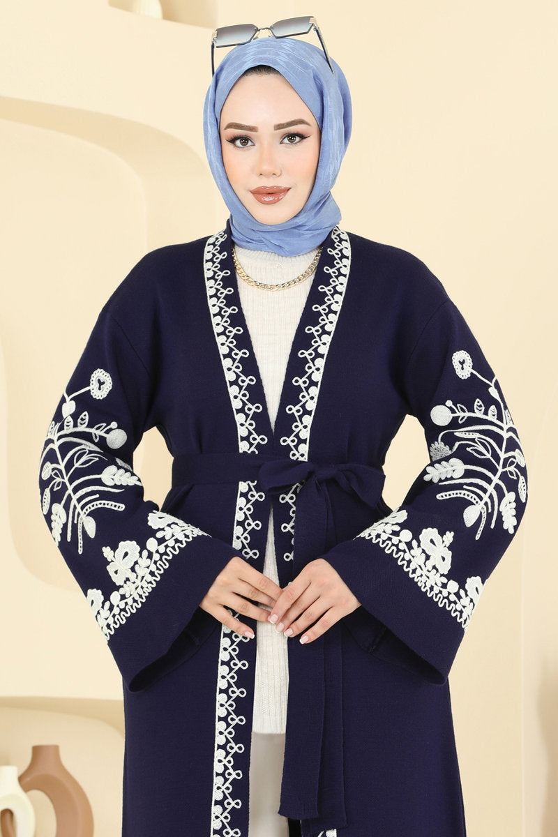 Embroidered Knit Cardigan - Navy