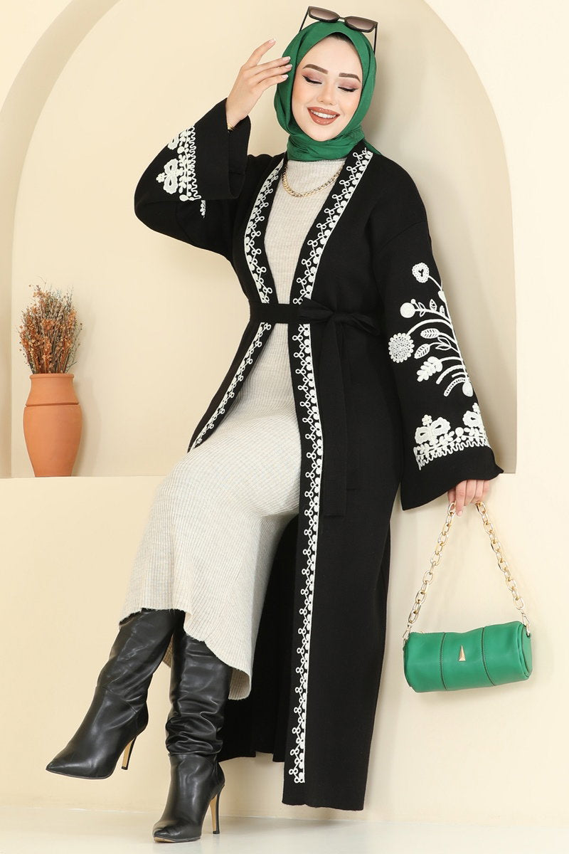 Embroidered Knit Cardigan - Black