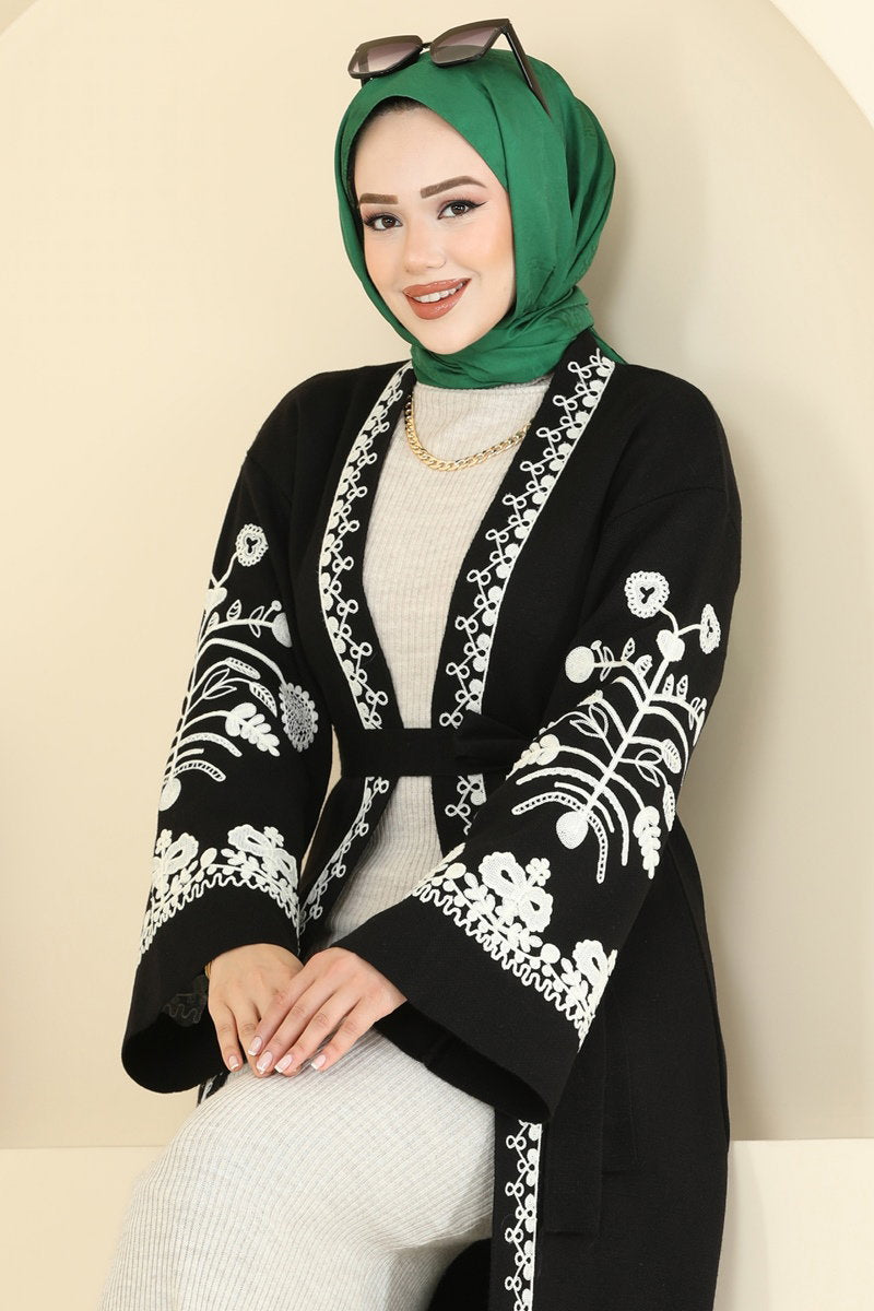 Embroidered Knit Cardigan - Black