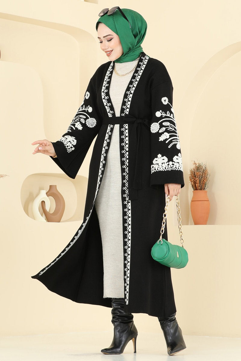 Embroidered Knit Cardigan - Black