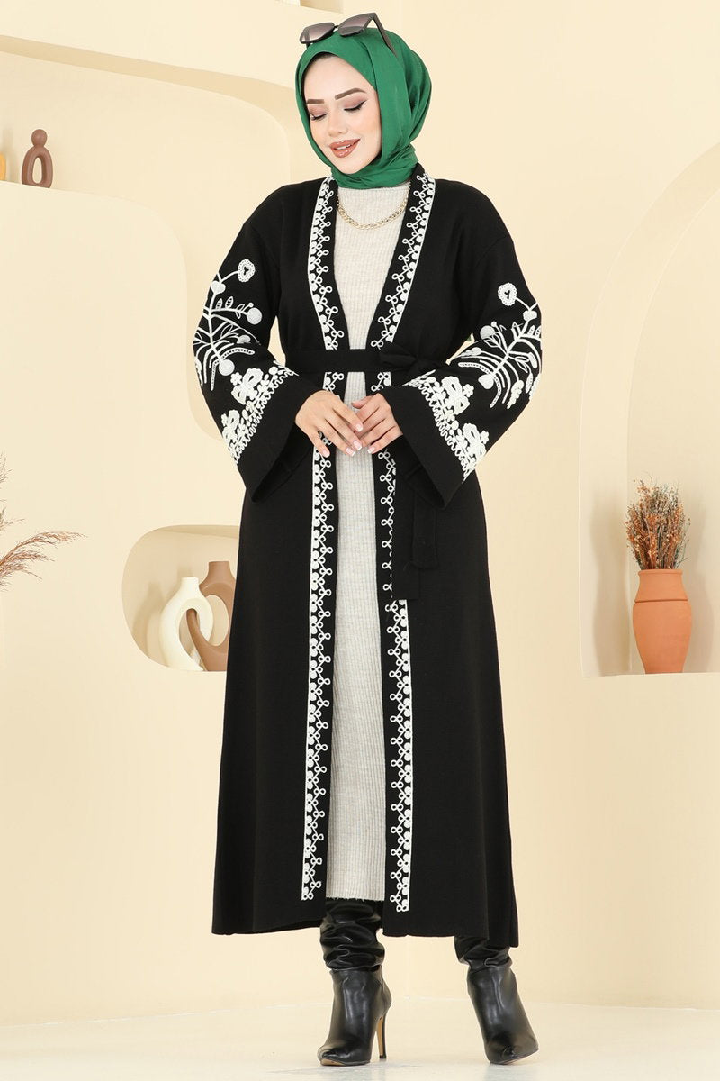 Embroidered Knit Cardigan - Black