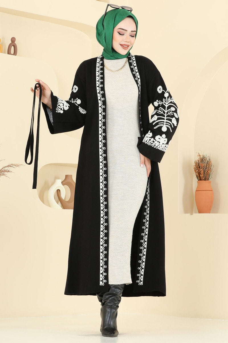 Embroidered Knit Cardigan - Black
