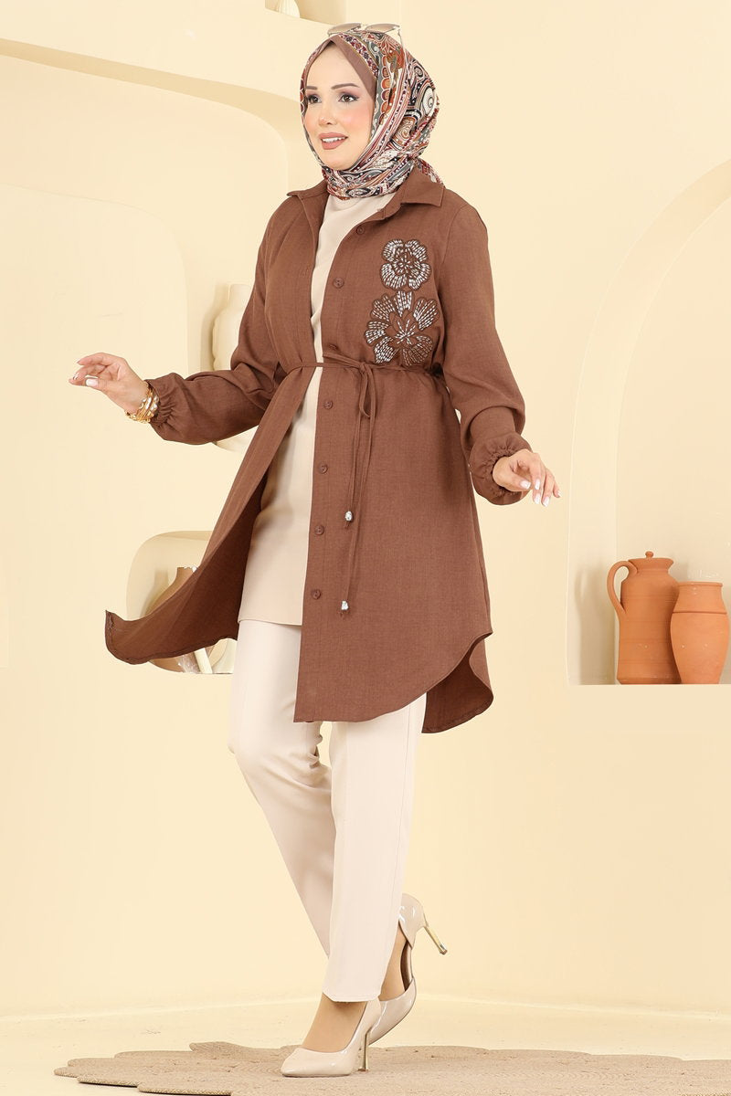 Embroidered Belted Linen Tunic - Tan