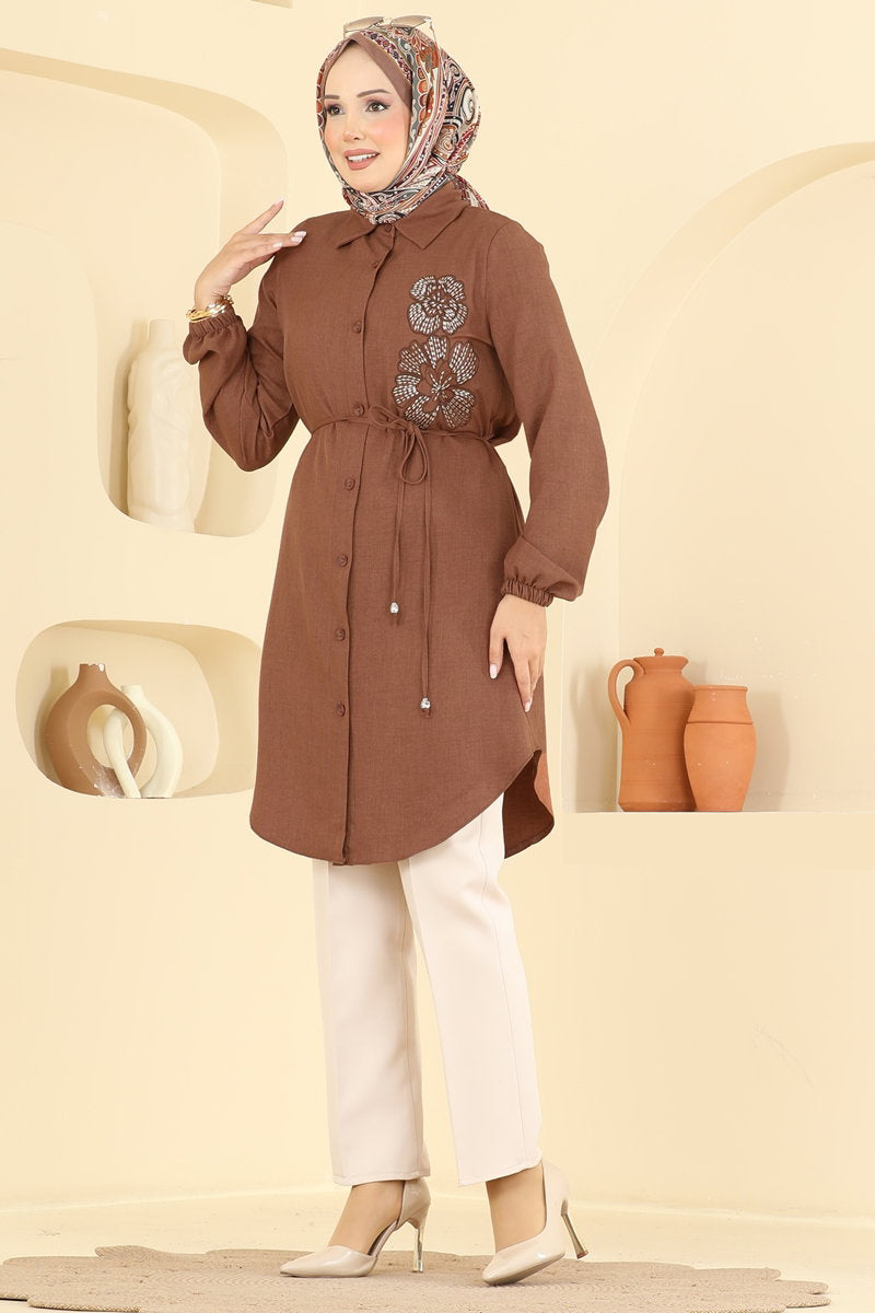 Embroidered Belted Linen Tunic - Tan