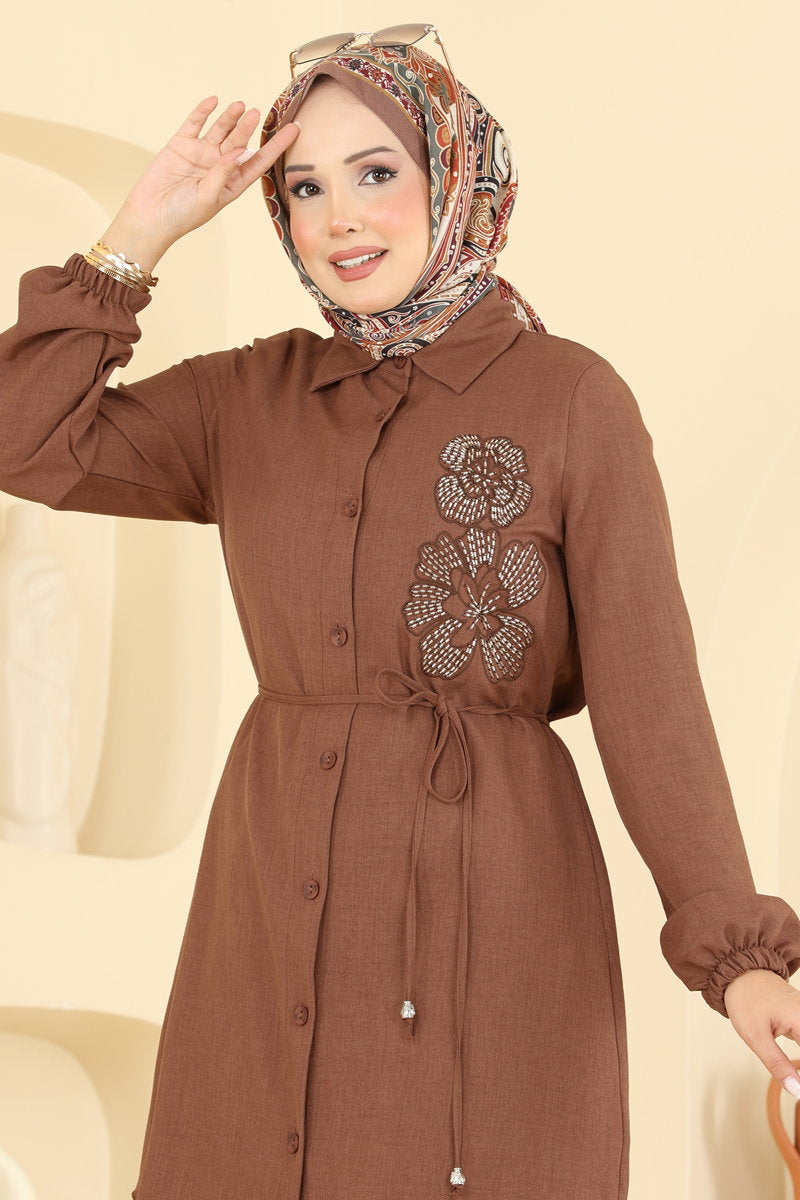 Embroidered Belted Linen Tunic - Tan